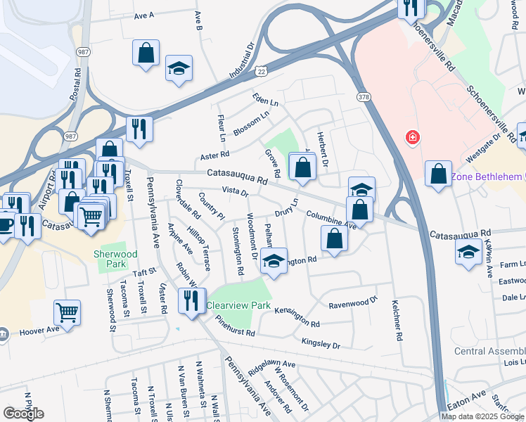 map of restaurants, bars, coffee shops, grocery stores, and more near 2020 Woodmont Drive in Bethlehem