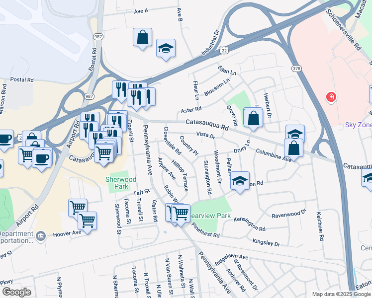 map of restaurants, bars, coffee shops, grocery stores, and more near 2033 Country Place in Bethlehem