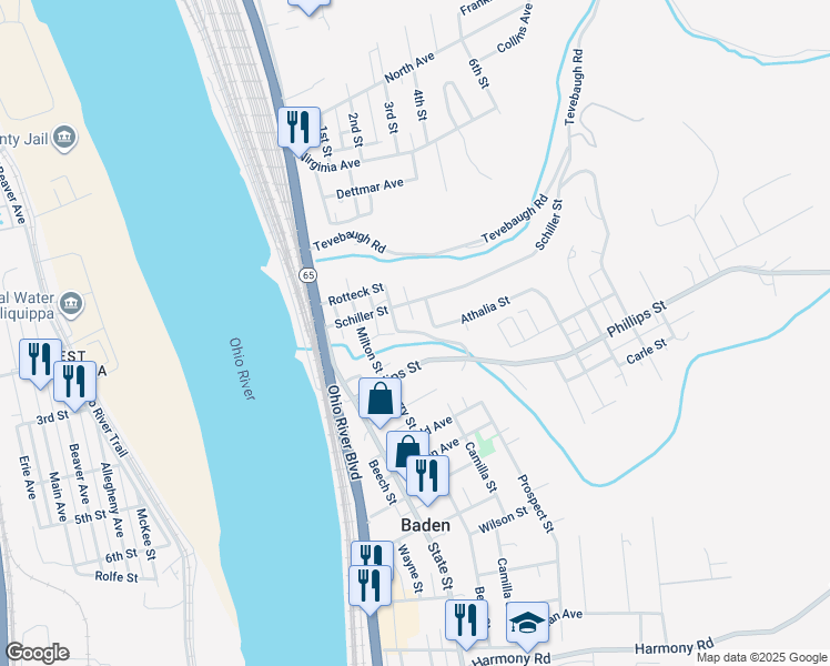 map of restaurants, bars, coffee shops, grocery stores, and more near 664 Market Street in Baden