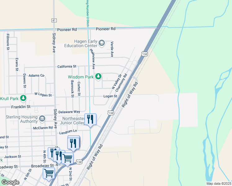 map of restaurants, bars, coffee shops, grocery stores, and more near 100 Logan Street in Sterling