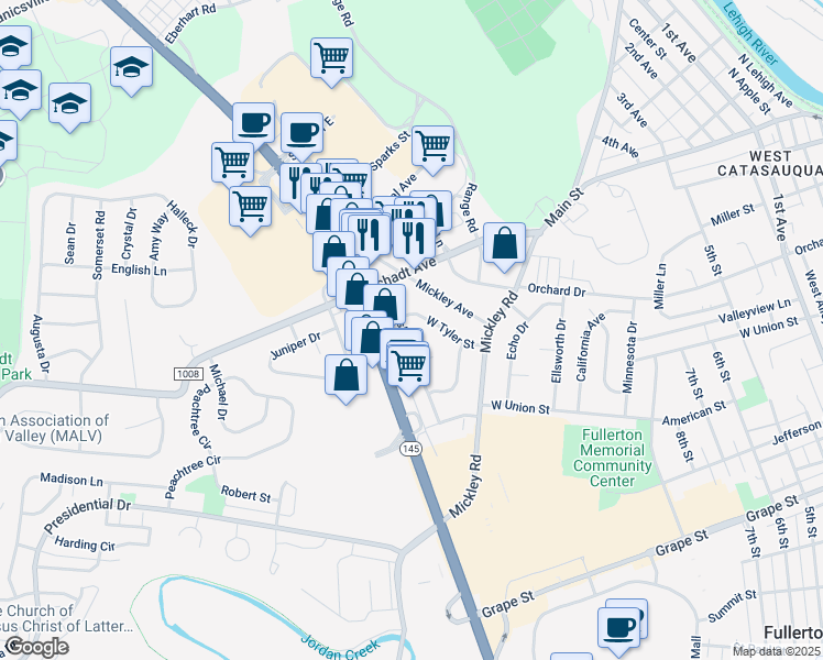 map of restaurants, bars, coffee shops, grocery stores, and more near 1276 Hampshire Drive in Fullerton
