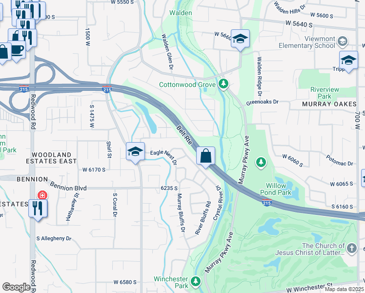 map of restaurants, bars, coffee shops, grocery stores, and more near 1186 West Crystal River Drive in Murray