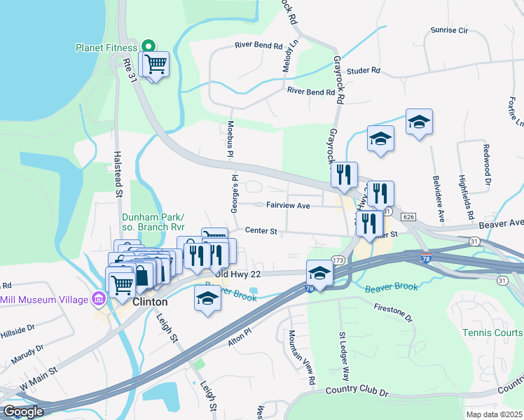 map of restaurants, bars, coffee shops, grocery stores, and more near 12 Fairview Avenue in Clinton