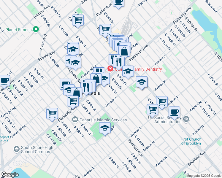 map of restaurants, bars, coffee shops, grocery stores, and more near 1212 East 93rd Street in Brooklyn