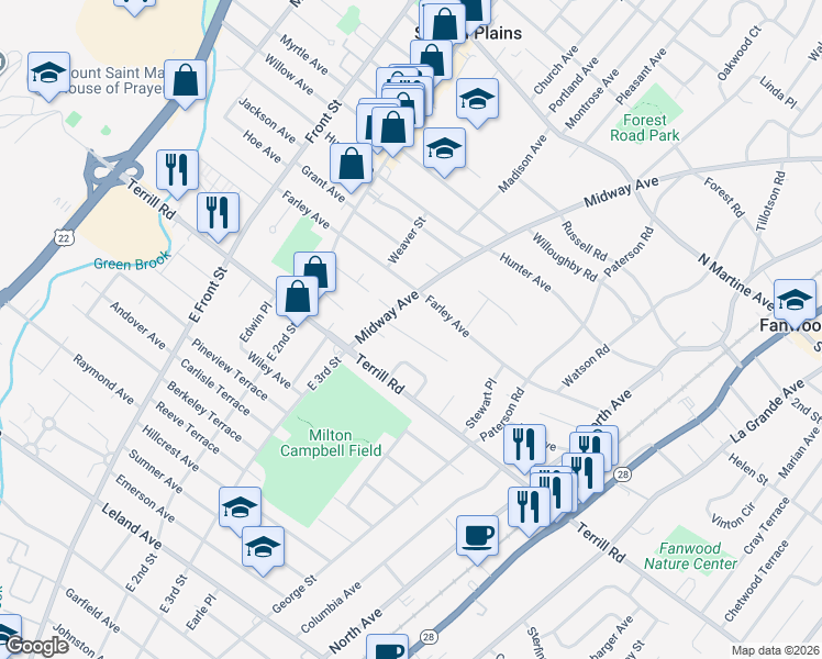 map of restaurants, bars, coffee shops, grocery stores, and more near 10 Tower Place in Fanwood