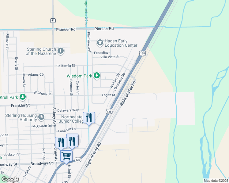 map of restaurants, bars, coffee shops, grocery stores, and more near 100 Logan Street in Sterling