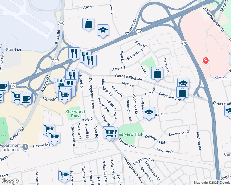 map of restaurants, bars, coffee shops, grocery stores, and more near 2033 Country Place in Bethlehem