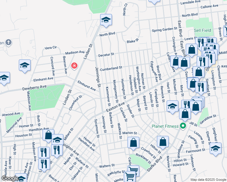 map of restaurants, bars, coffee shops, grocery stores, and more near 2021 Montgomery Street in Bethlehem