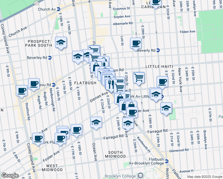 map of restaurants, bars, coffee shops, grocery stores, and more near 1215 Flatbush Avenue in Brooklyn