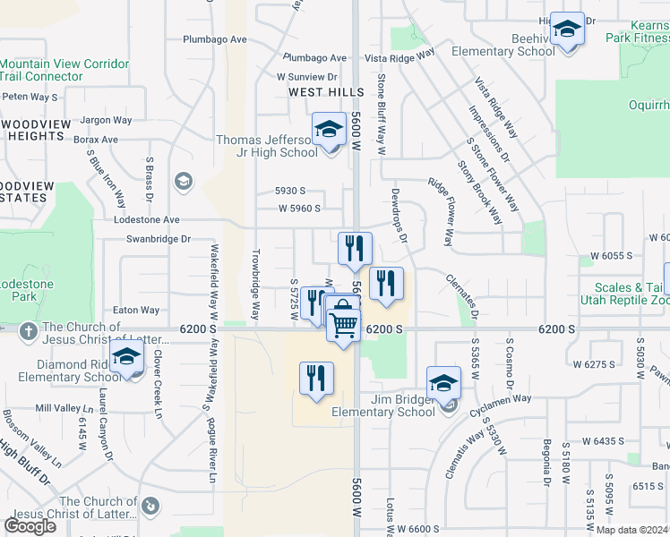 map of restaurants, bars, coffee shops, grocery stores, and more near 5651 Walnut View Circle in Kearns