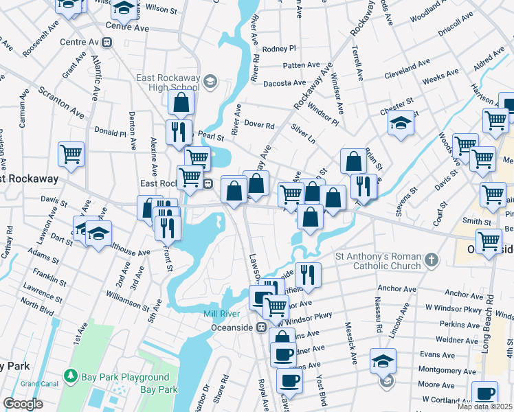 map of restaurants, bars, coffee shops, grocery stores, and more near 550 Atlantic Avenue in Oceanside