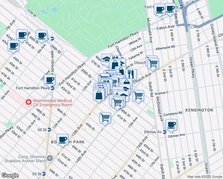 map of restaurants, bars, coffee shops, grocery stores, and more near 3812 13th Avenue in Brooklyn