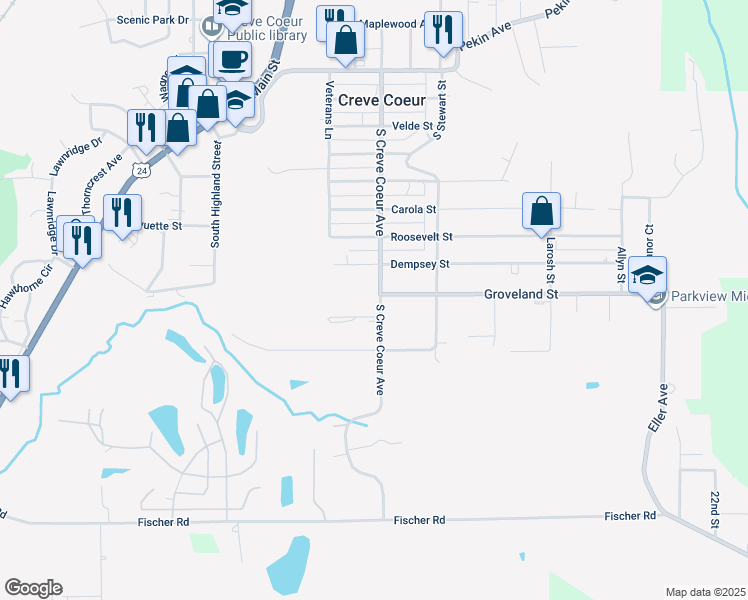 map of restaurants, bars, coffee shops, grocery stores, and more near 901 South Creve Coeur Avenue in Creve Coeur