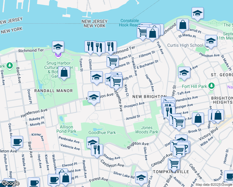 map of restaurants, bars, coffee shops, grocery stores, and more near Henderson Avenue & Lafayette Avenue in Staten Island