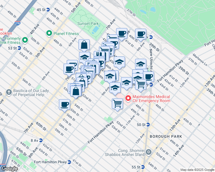 map of restaurants, bars, coffee shops, grocery stores, and more near 4812 9th Avenue in Brooklyn