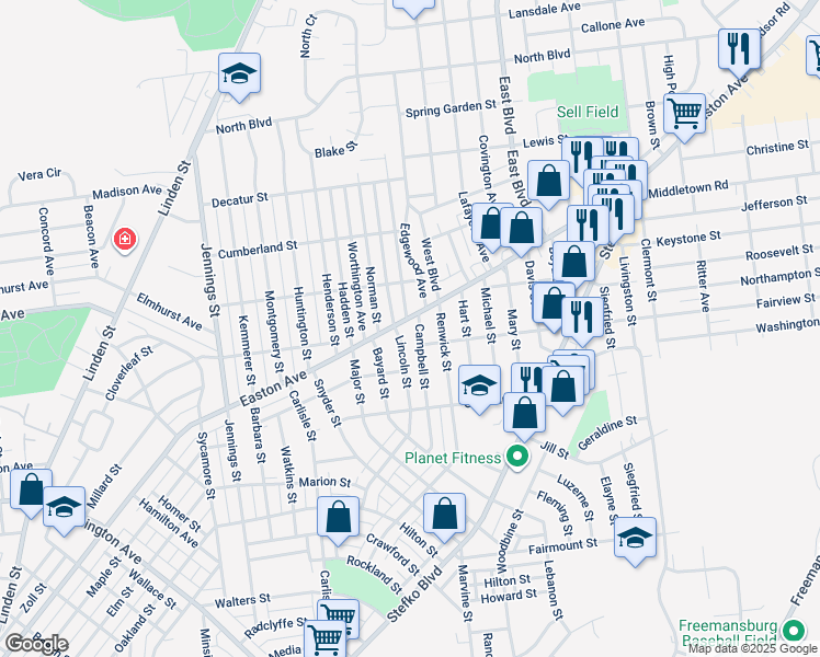 map of restaurants, bars, coffee shops, grocery stores, and more near 2212 Easton Avenue in Bethlehem
