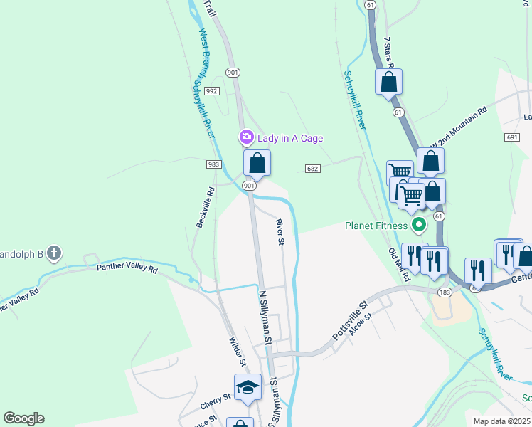 map of restaurants, bars, coffee shops, grocery stores, and more near River Street in Pottsville