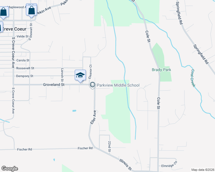 map of restaurants, bars, coffee shops, grocery stores, and more near 135 Kohl St in Creve Coeur