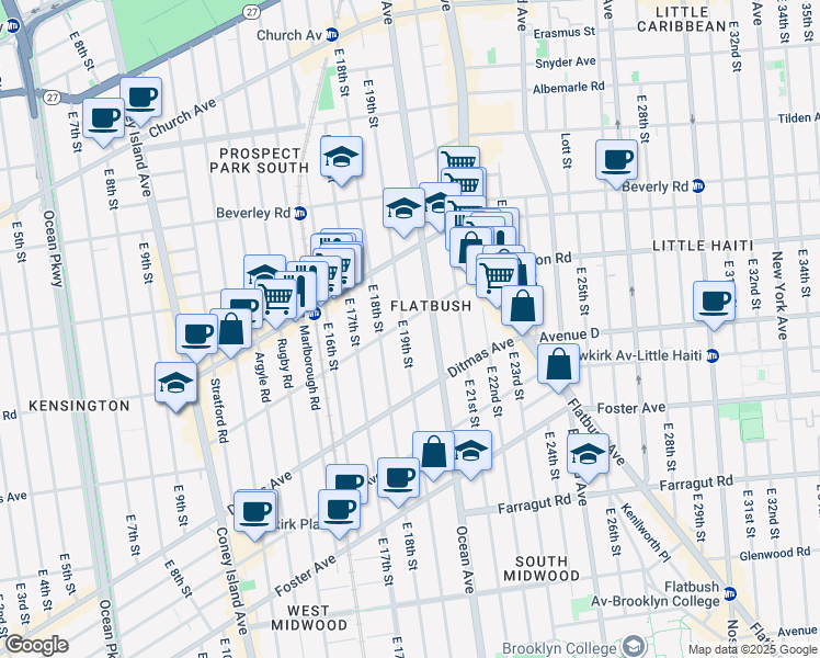 map of restaurants, bars, coffee shops, grocery stores, and more near 1904 Dorchester Road in Brooklyn