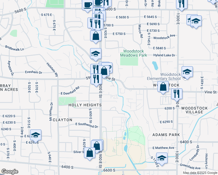 map of restaurants, bars, coffee shops, grocery stores, and more near 952 East Bridges Court in Murray
