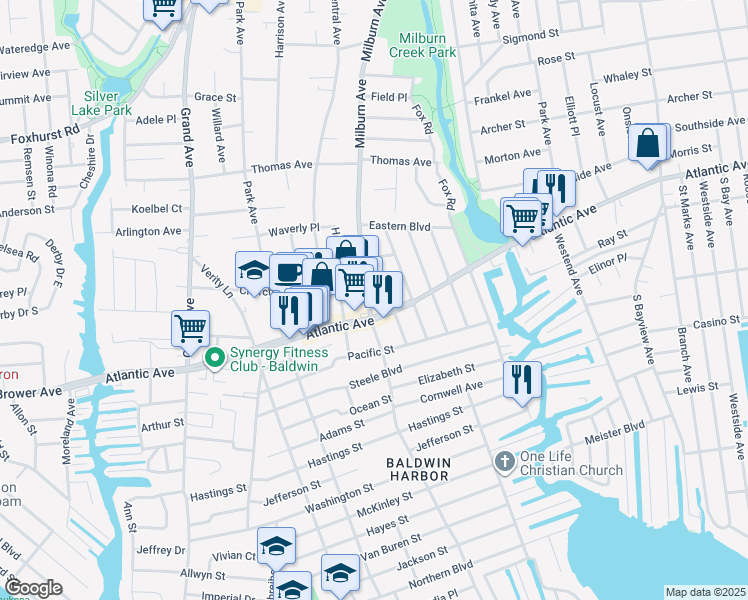 map of restaurants, bars, coffee shops, grocery stores, and more near 2875 Milburn Avenue in Baldwin