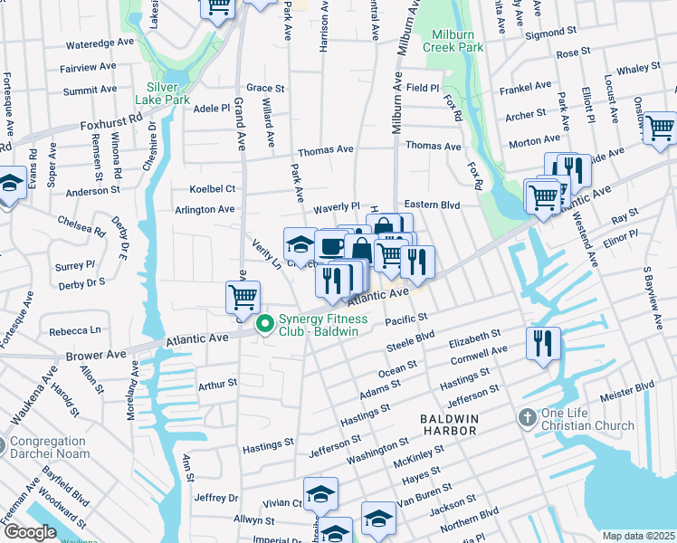 map of restaurants, bars, coffee shops, grocery stores, and more near 905 Atlantic Avenue in Baldwin