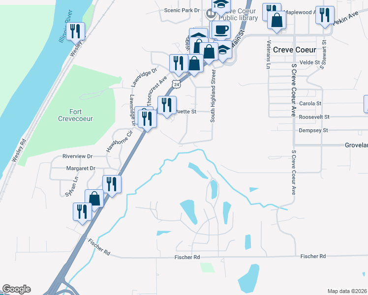 map of restaurants, bars, coffee shops, grocery stores, and more near 152 Maywood Avenue in Creve Coeur