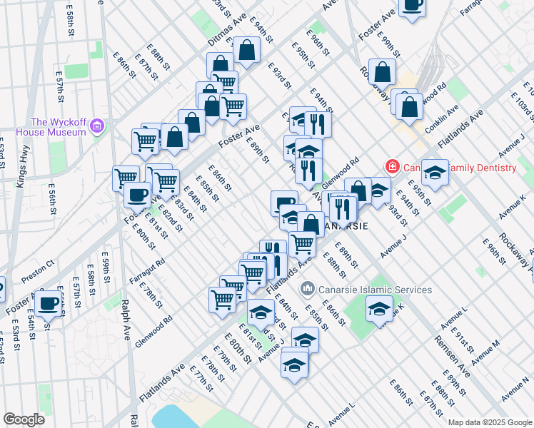 map of restaurants, bars, coffee shops, grocery stores, and more near 638 East 87th Street in Brooklyn