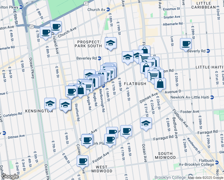 map of restaurants, bars, coffee shops, grocery stores, and more near 415 East 17th Street in Brooklyn