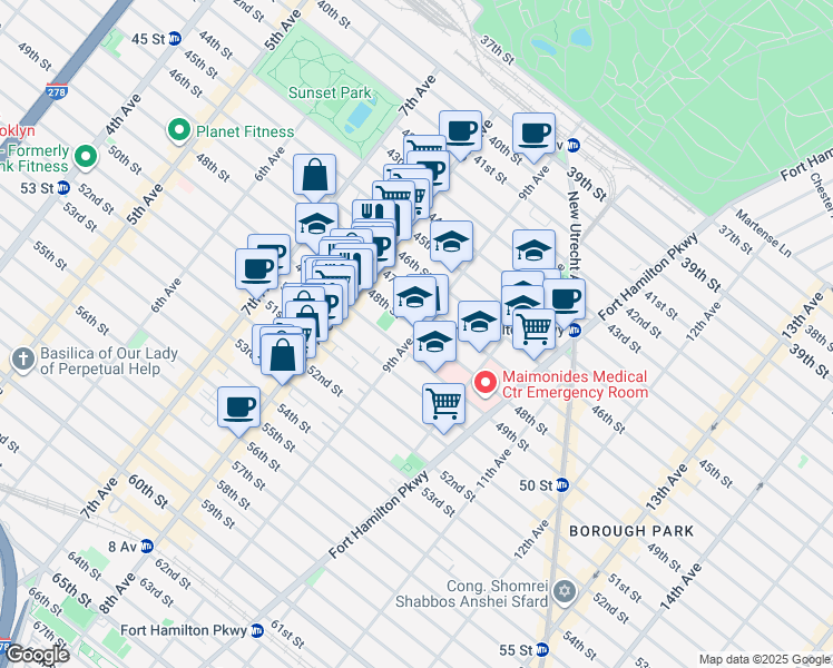 map of restaurants, bars, coffee shops, grocery stores, and more near 848 48th Street in Brooklyn