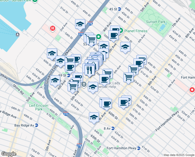 map of restaurants, bars, coffee shops, grocery stores, and more near 538 56th Street in Brooklyn