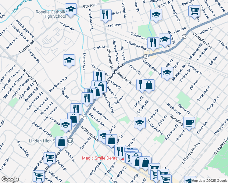 map of restaurants, bars, coffee shops, grocery stores, and more near 417 4th Avenue in Linden