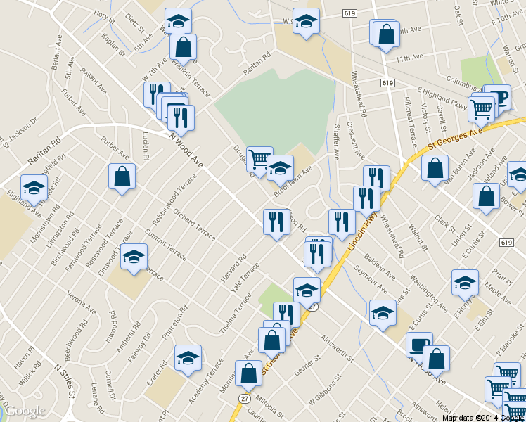 map of restaurants, bars, coffee shops, grocery stores, and more near 505 Brooklawn Avenue in Roselle