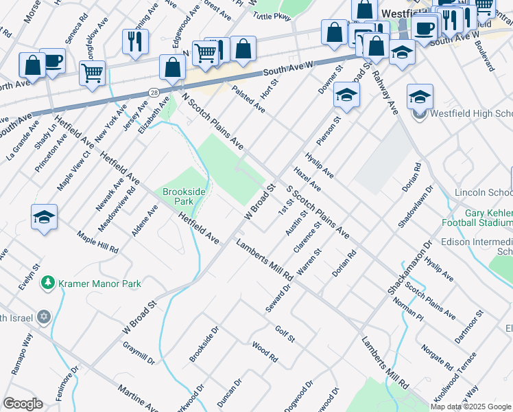 map of restaurants, bars, coffee shops, grocery stores, and more near 744 West Broad Street in Westfield