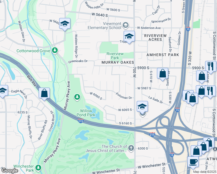 map of restaurants, bars, coffee shops, grocery stores, and more near 5987 South Blue Stone Circle in Murray