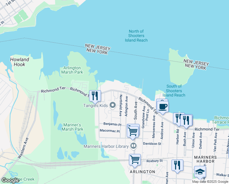 map of restaurants, bars, coffee shops, grocery stores, and more near 15 Betty Court in Staten Island