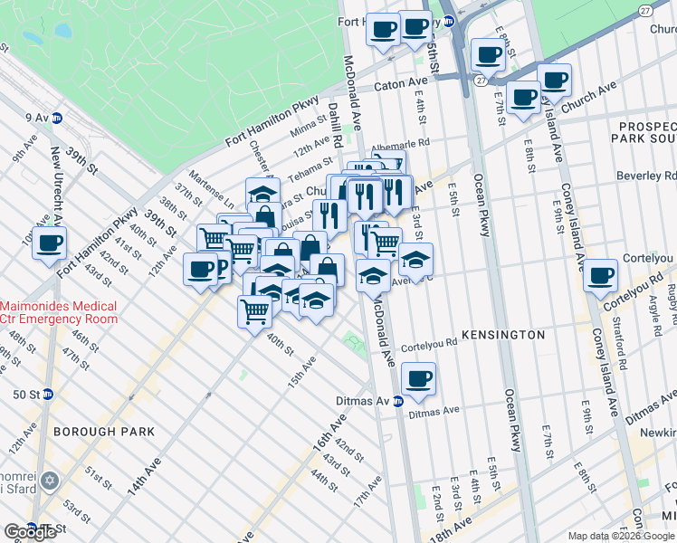 map of restaurants, bars, coffee shops, grocery stores, and more near 1416 35th Street in Brooklyn