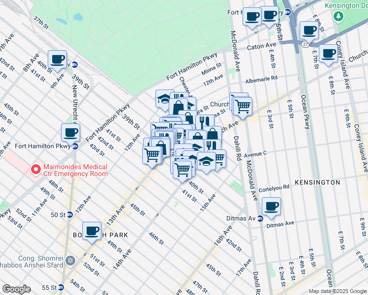 map of restaurants, bars, coffee shops, grocery stores, and more near 1323 38th Street in Brooklyn