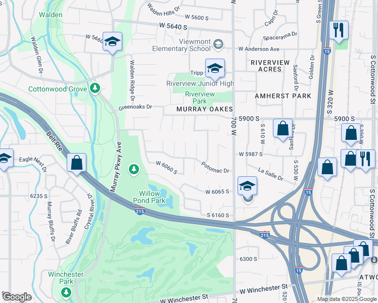 map of restaurants, bars, coffee shops, grocery stores, and more near 5987 South Blue Stone Circle in Murray