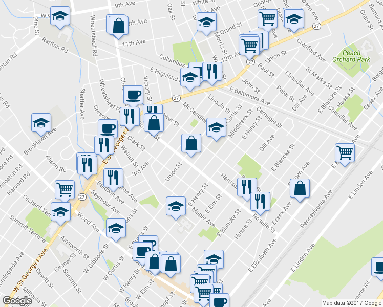 map of restaurants, bars, coffee shops, grocery stores, and more near 614 Union Street in Linden