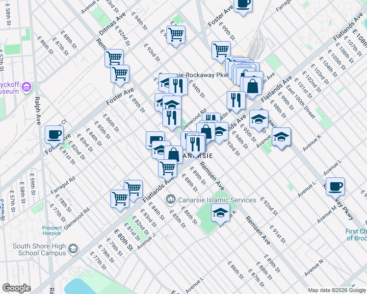 map of restaurants, bars, coffee shops, grocery stores, and more near 1177 Remsen Avenue in Brooklyn