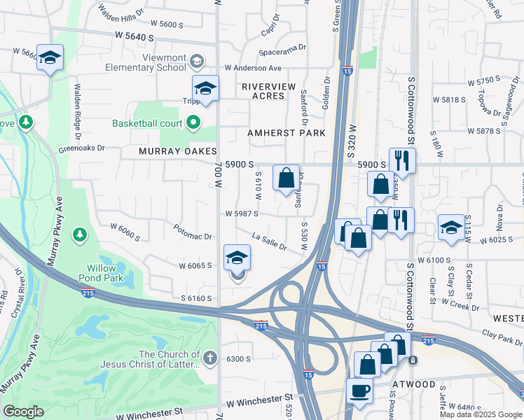 map of restaurants, bars, coffee shops, grocery stores, and more near 5981 South 610 West in Murray