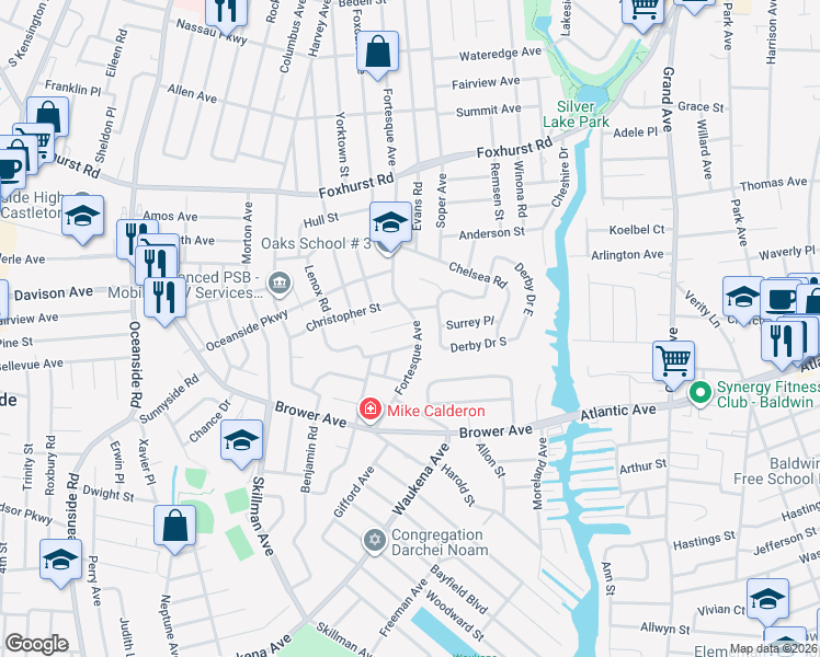 map of restaurants, bars, coffee shops, grocery stores, and more near 2948 Fortesque Avenue in Oceanside