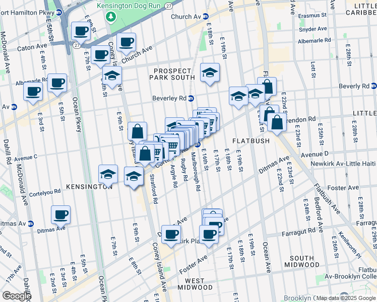 map of restaurants, bars, coffee shops, grocery stores, and more near 1412 Cortelyou Road in Brooklyn
