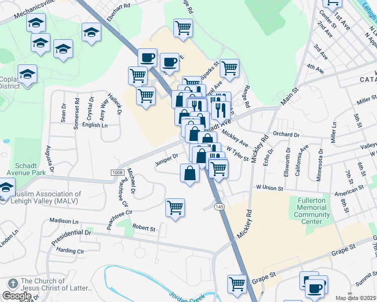 map of restaurants, bars, coffee shops, grocery stores, and more near 2350 Macarthur Road in Fullerton