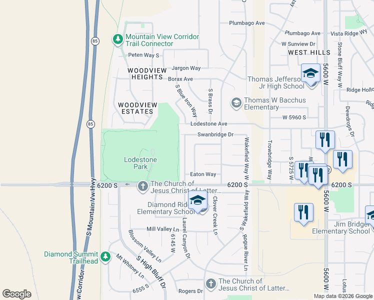 map of restaurants, bars, coffee shops, grocery stores, and more near 6075 South 6105 West in Salt Lake City