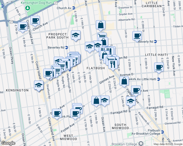 map of restaurants, bars, coffee shops, grocery stores, and more near 1908 Dorchester Road in Brooklyn