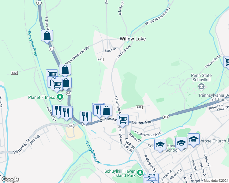 map of restaurants, bars, coffee shops, grocery stores, and more near 750 North Garfield Avenue in Schuylkill Haven