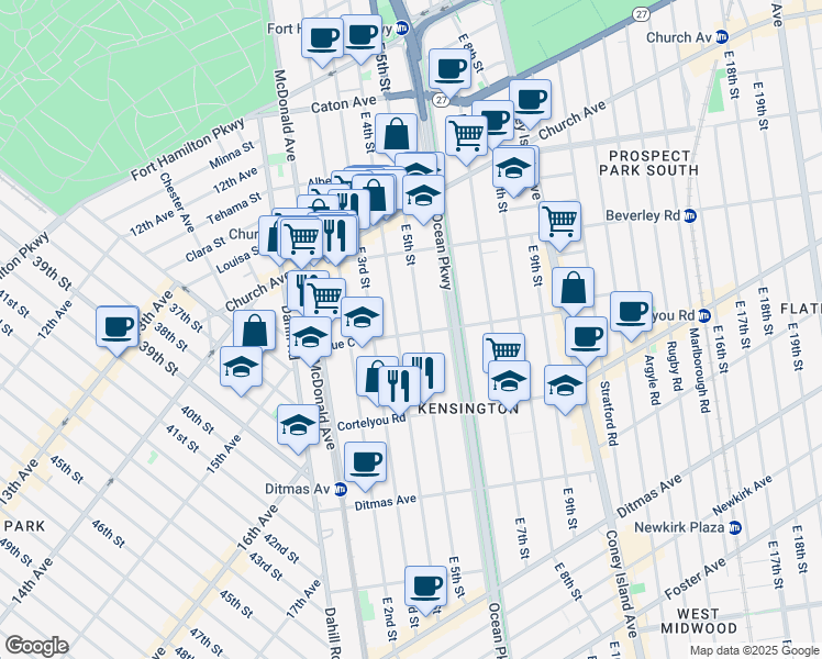 map of restaurants, bars, coffee shops, grocery stores, and more near 433 East 4th Street in Brooklyn
