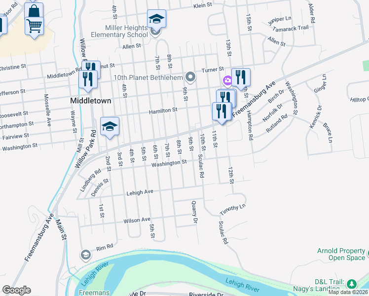 map of restaurants, bars, coffee shops, grocery stores, and more near 1731 9th Street in Bethlehem